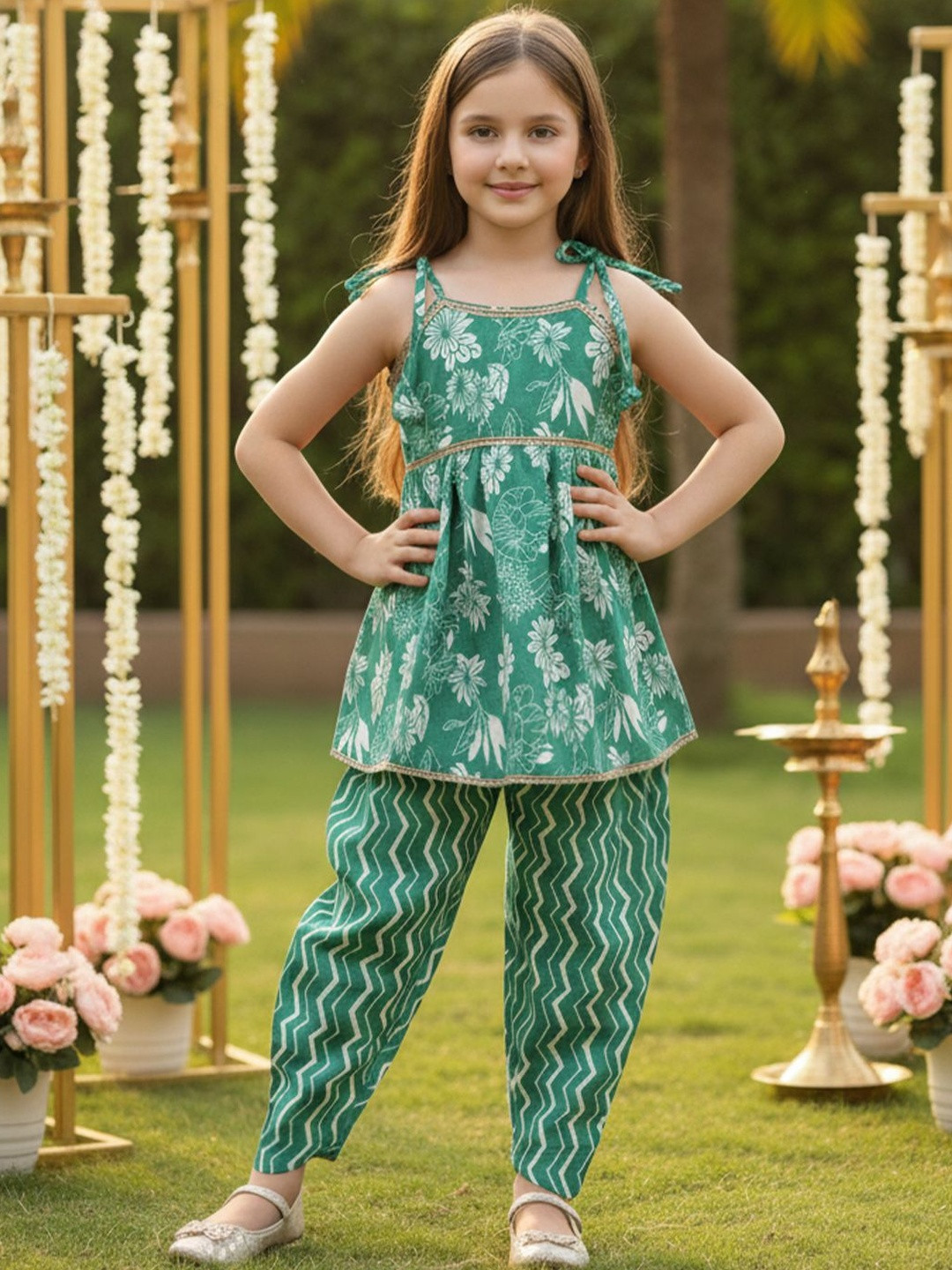 Cutiekins Girls Floral Printed Tiered Pure Cotton Top with Dhoti Pants