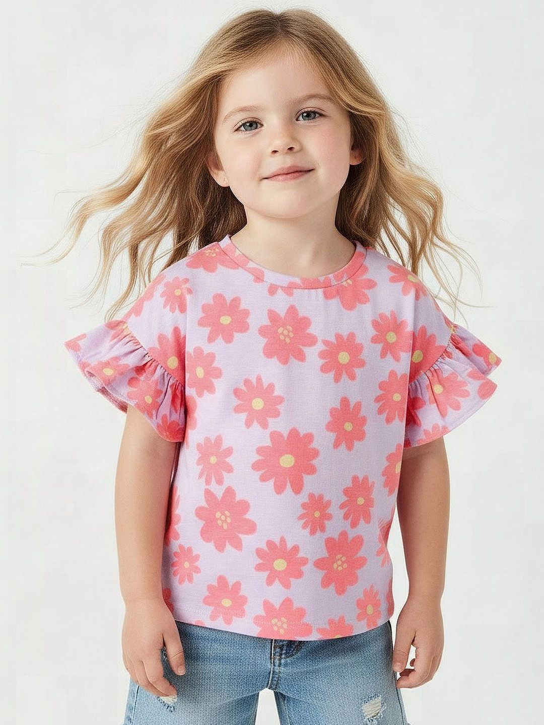 Juniors by Babyshop Juniors Crew Neck Short Ruffle Sleeves Floral Print T-shirts