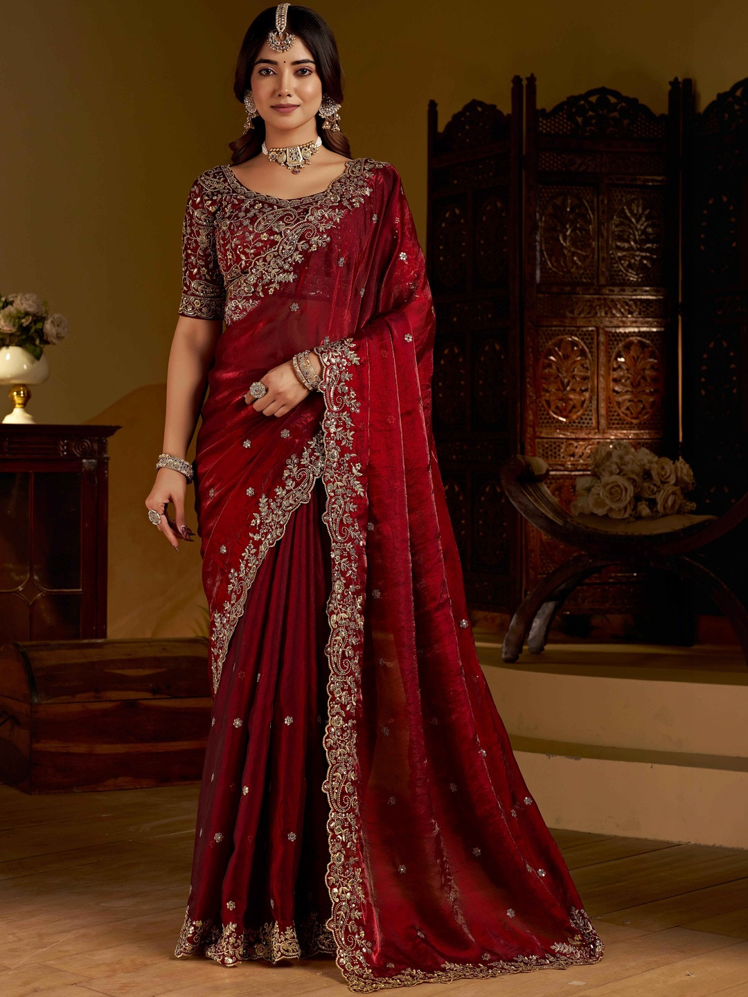RAAG VARNAM Embellished Embroidered Satin Heavy Work Saree