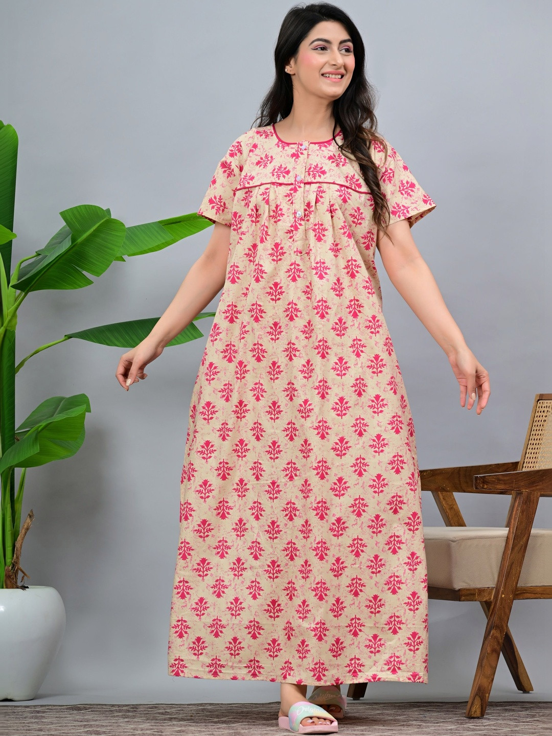 Serenita Women Printed Pure Cotton Maxi Nightdress