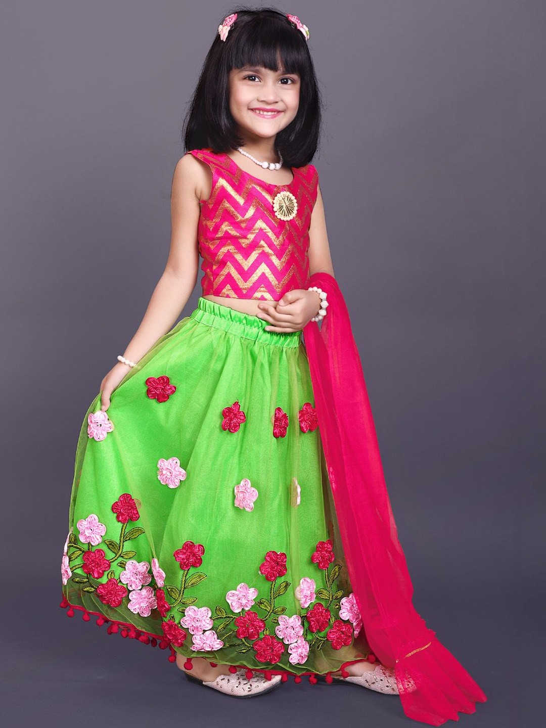 KALINI Girls Thread Work Ready to Wear Lehenga & Blouse With Dupatta