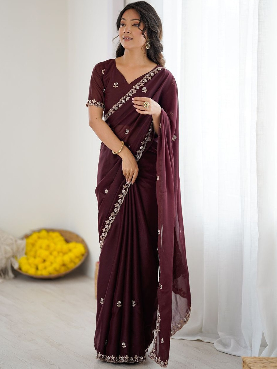 LOOM SUTAA Embellished Embroidered Pure Georgette Heavy Work Saree