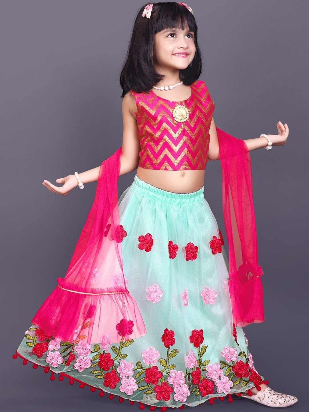 KALINI Girls Thread Work Semi-Stitched Net Lehenga & Blouse With Dupatta