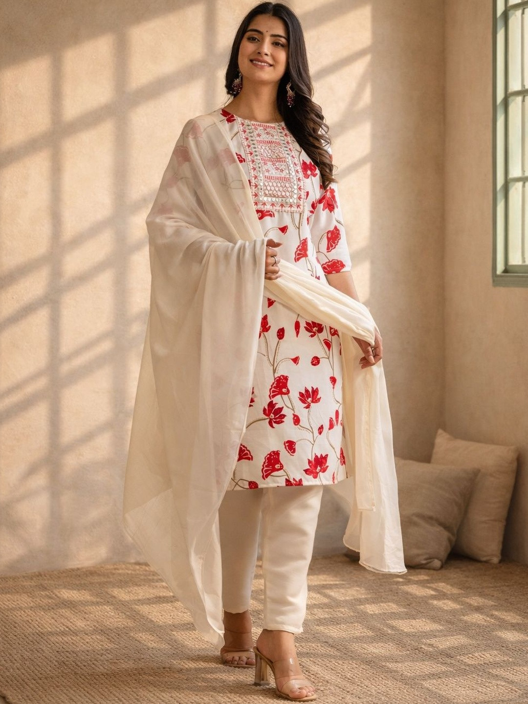 KINDA DESI Women Floral Printed Regular Mirror Work Kurta with Trousers & With Dupatta
