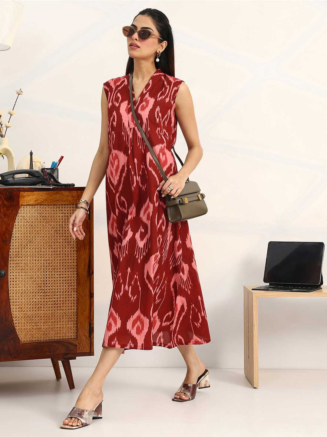 Gerua By Libas Women Rust Printed Cotton A-Line Sleeveless One Piece Dress
