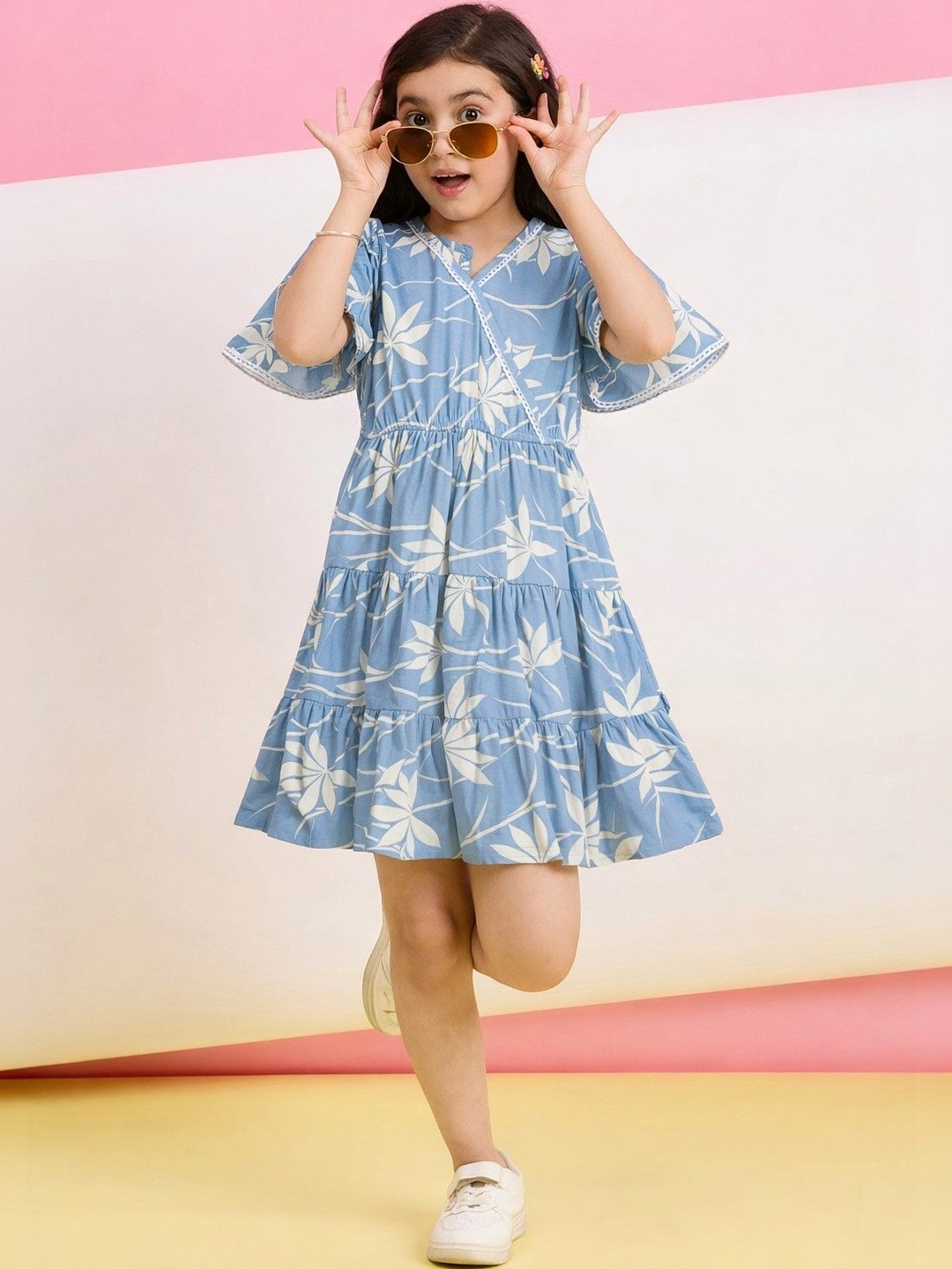 StyloBug Floral Print Flared Sleeve Fit & Flare Dress