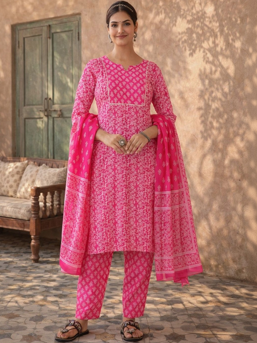 KINDA DESI Women Ethnic Motifs Printed Regular Kurta with Trousers & With Dupatta
