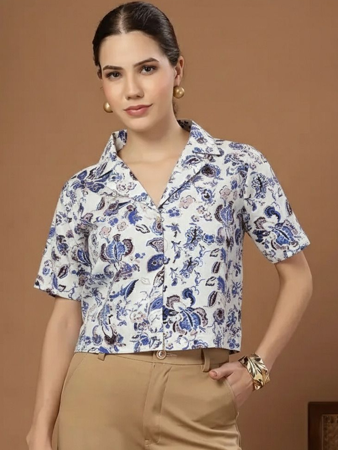 TRUSTROW Floral Print Crepe Shirt Style Crop Top