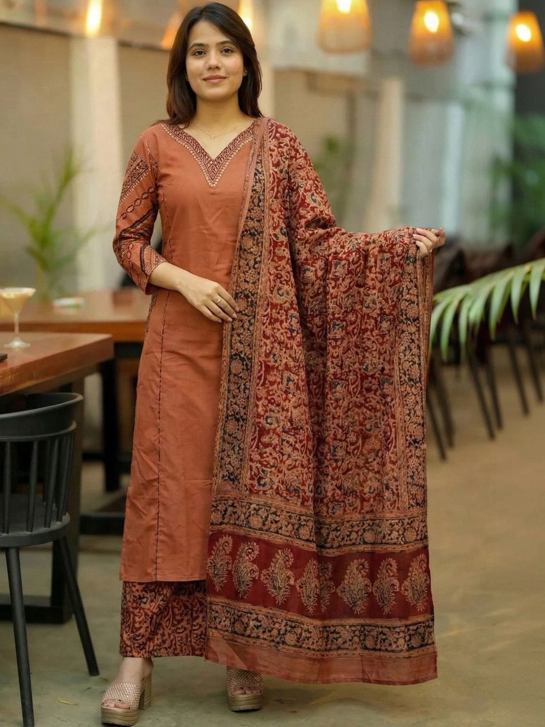 Anouk Rustic Women Ethnic Motifs Embroidered Regular Thread Work Kurta with Palazzos & With Dupatta