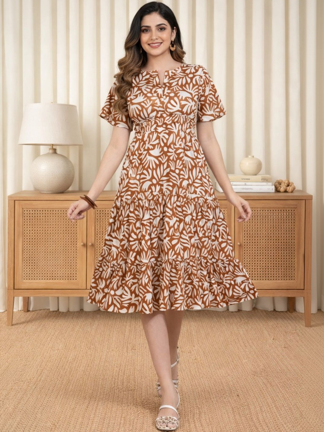 HERE&NOW Floral Printed Crepe Fit & Flare Dress