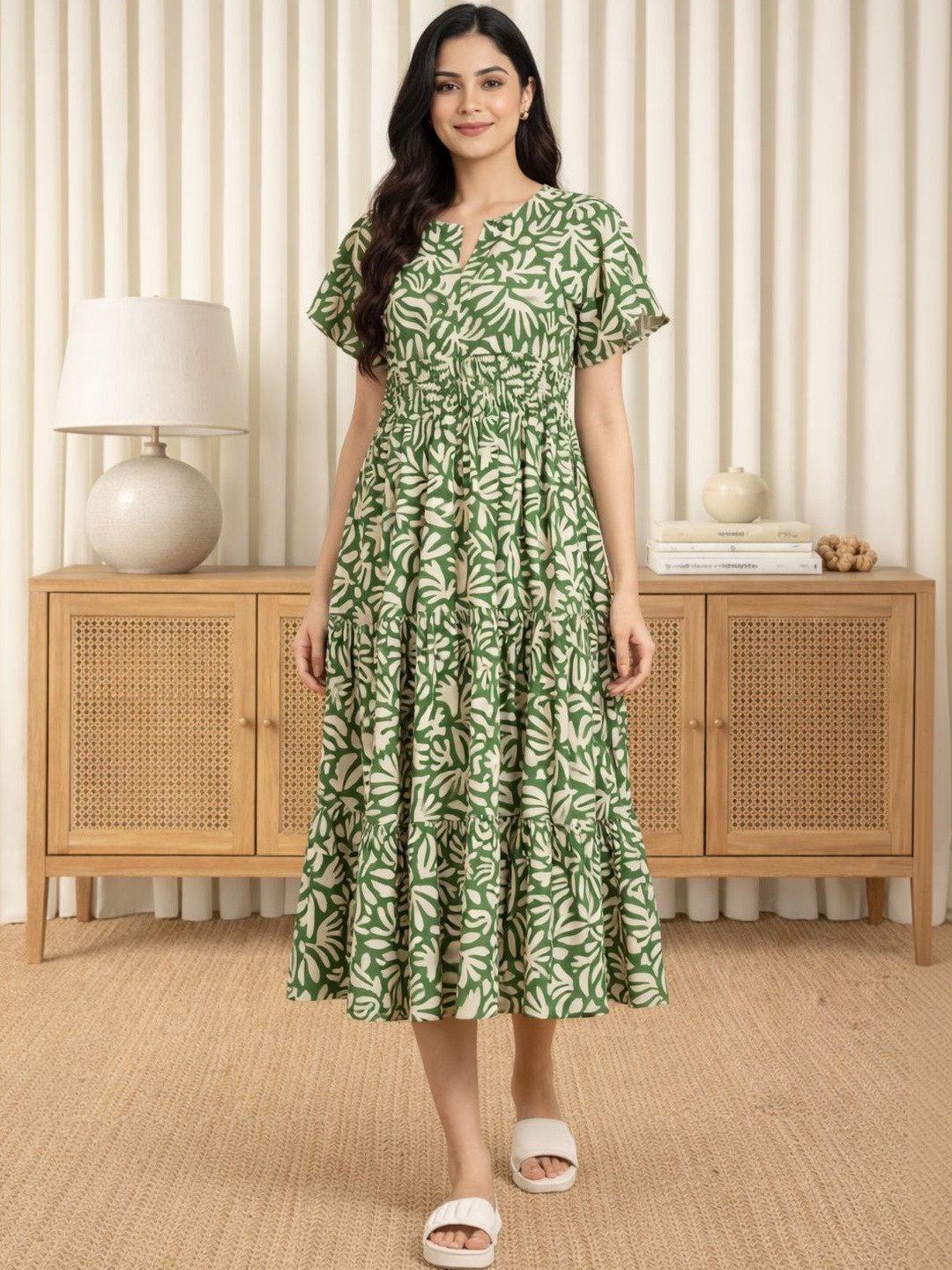 HERE&NOW Floral Printed Crepe Fit & Flare Midi Dress