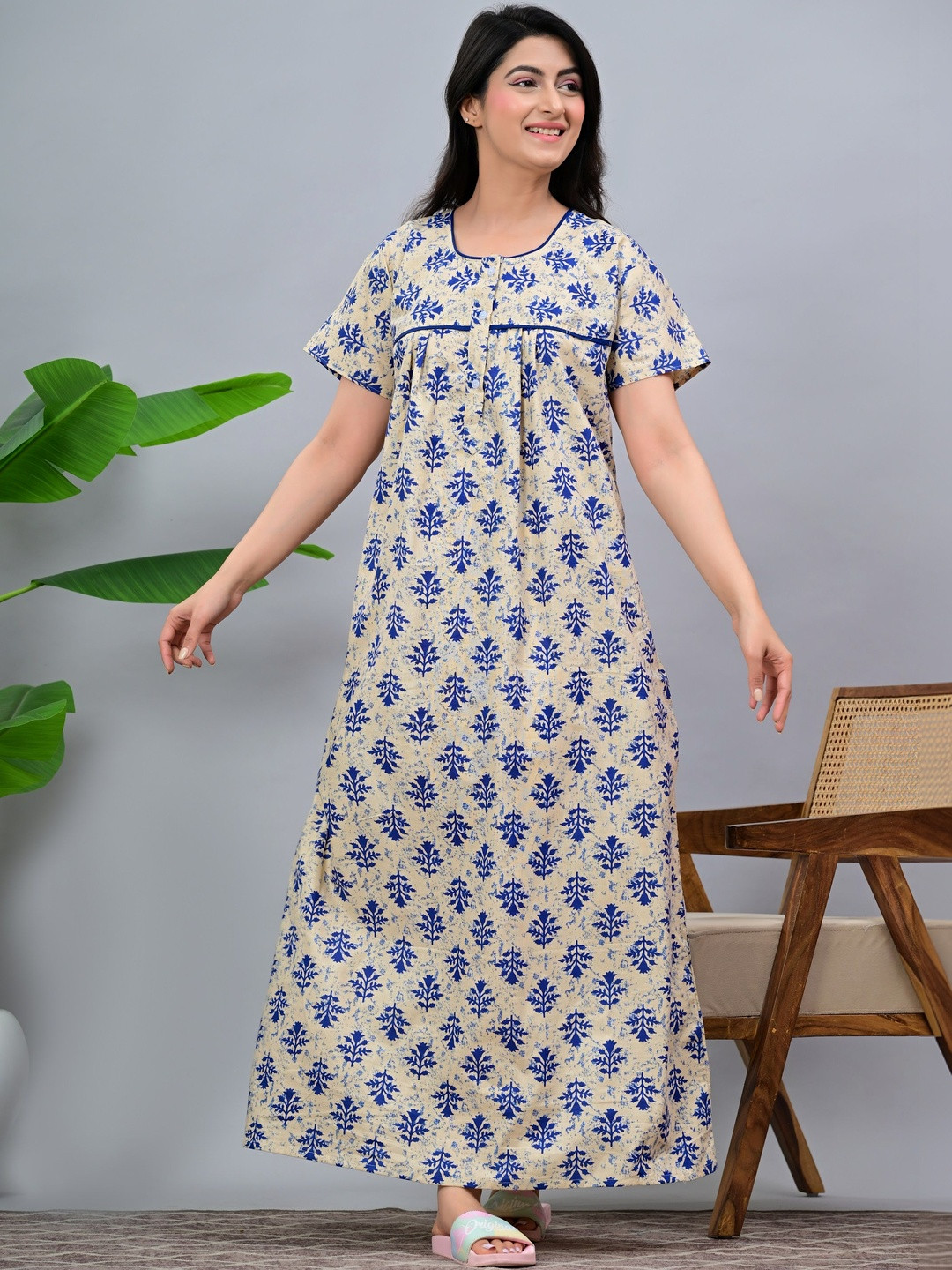Serenita Women Printed Pure Cotton Maxi Nightdress