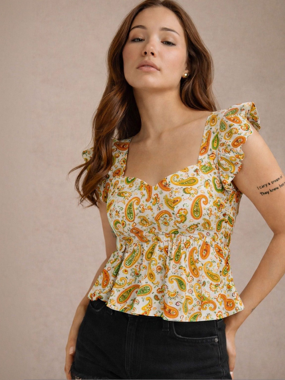 Lagashi Print Sweetheart Neck Flutter Sleeve Cotton Peplum Top
