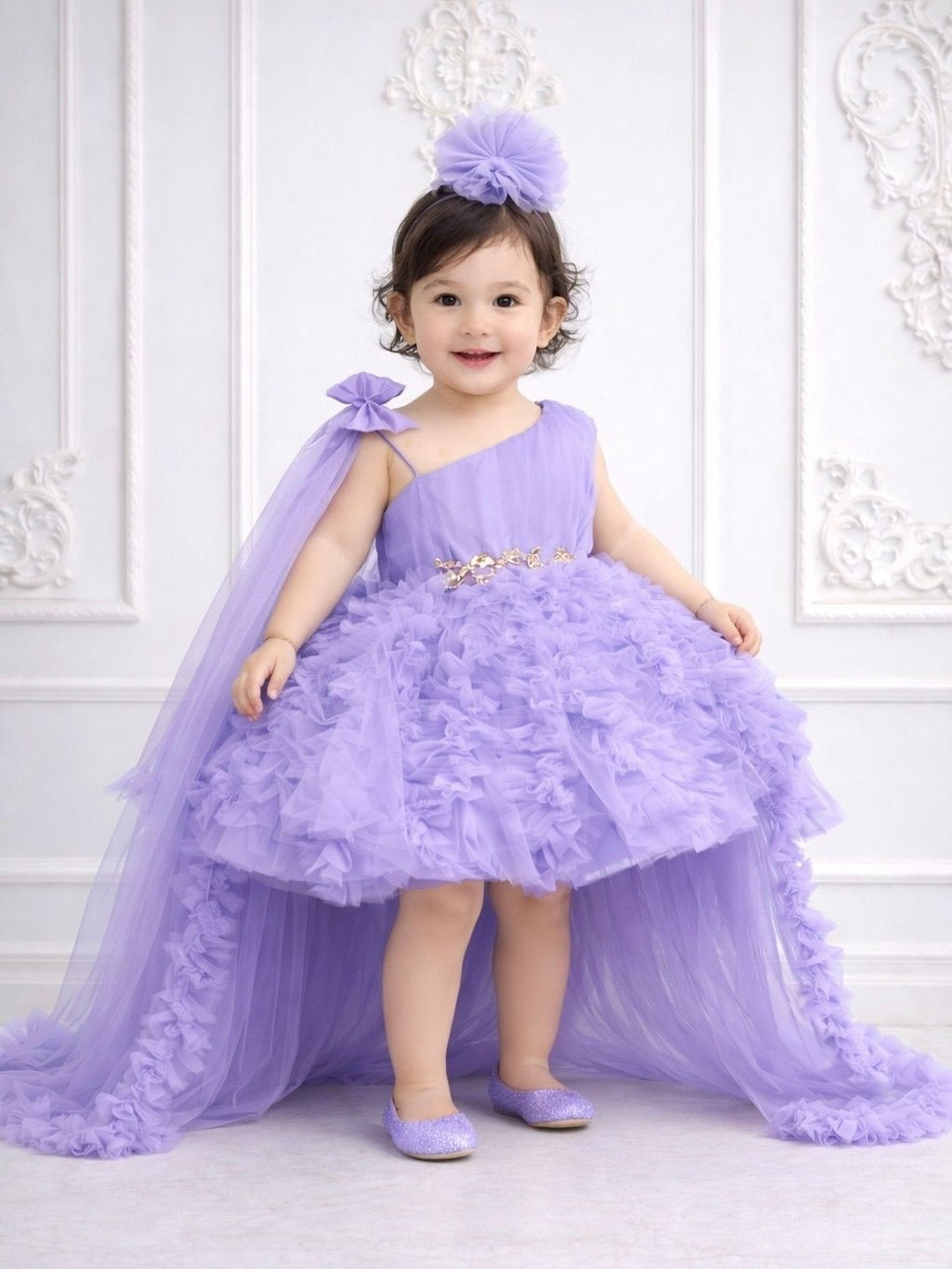Baby Girls Lavender One-Shoulder Ruffled Partywear Net Frock Dress For Kids Birthday