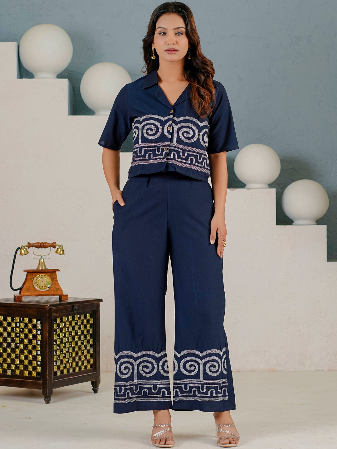 TROPWEAR Cotton Embroidered Shirt with Trousers