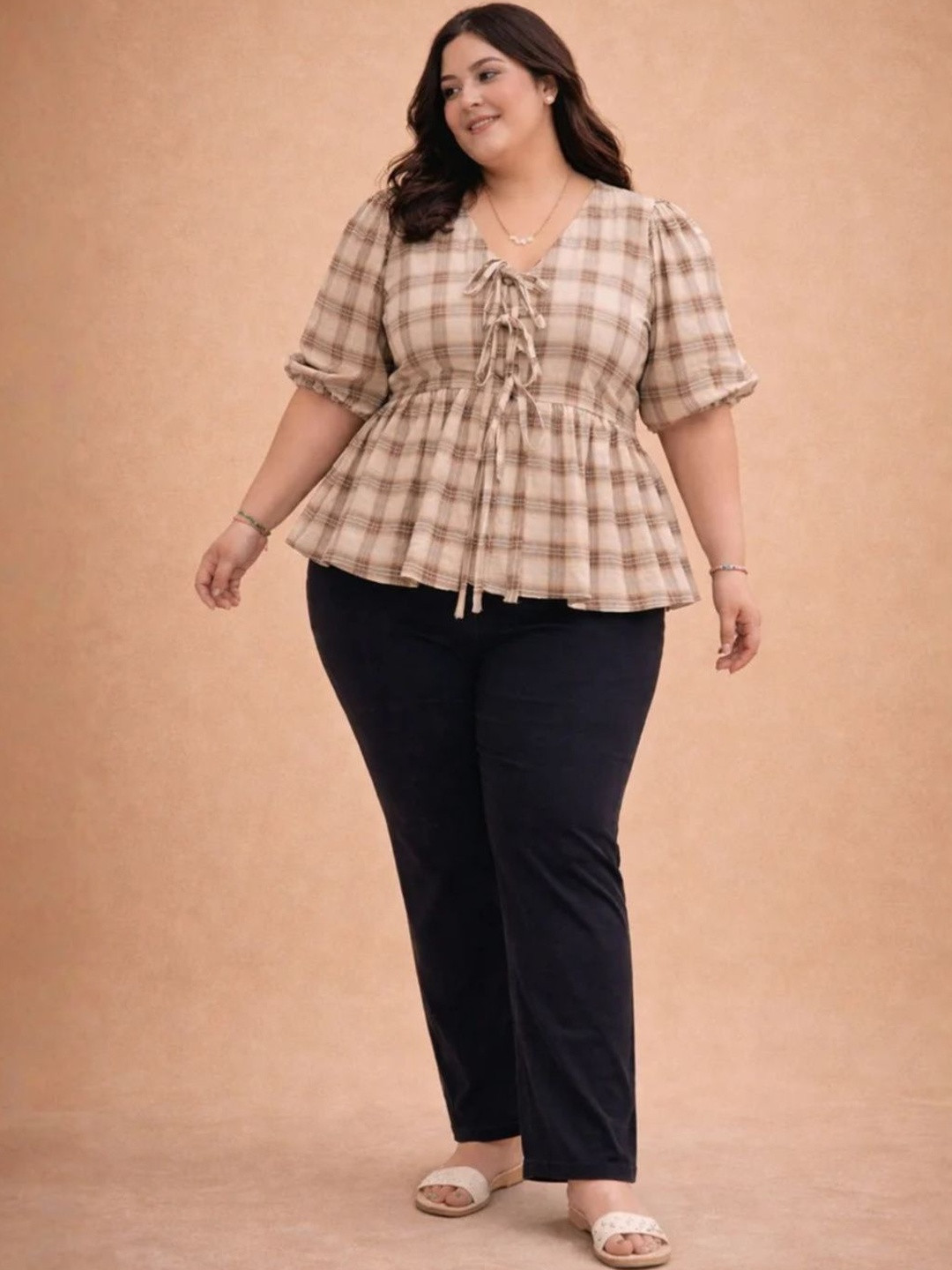 STYLLEY Checked Puff Sleeve Cotton Plus Size Peplum Top
