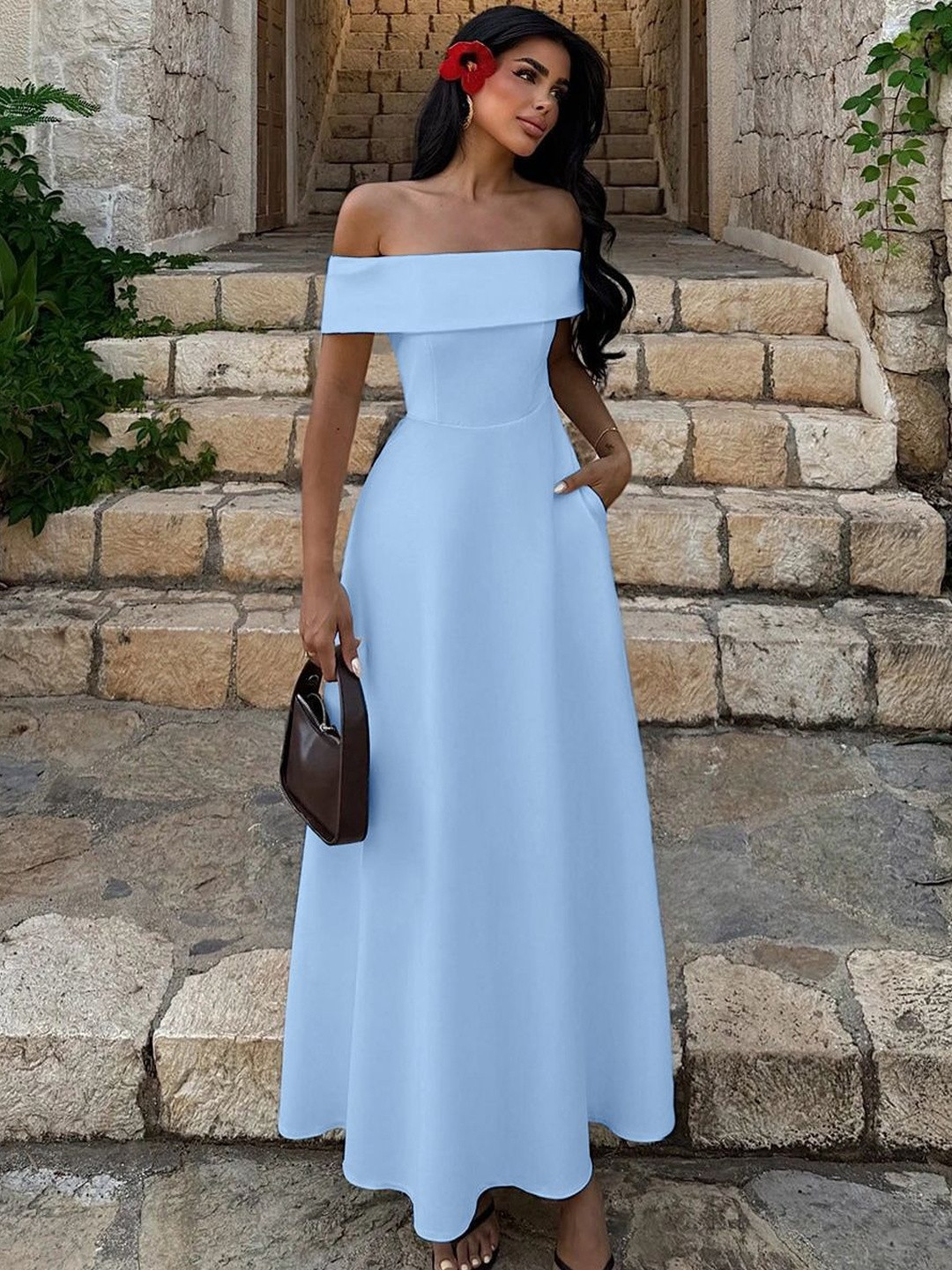 bebe Off-Shoulder A-Line Midi Dress
