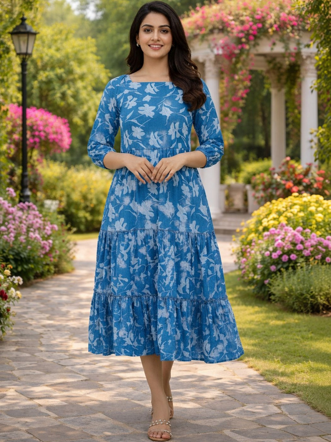 HERE&NOW Floral Print Crepe Fit & Flare Midi Dress