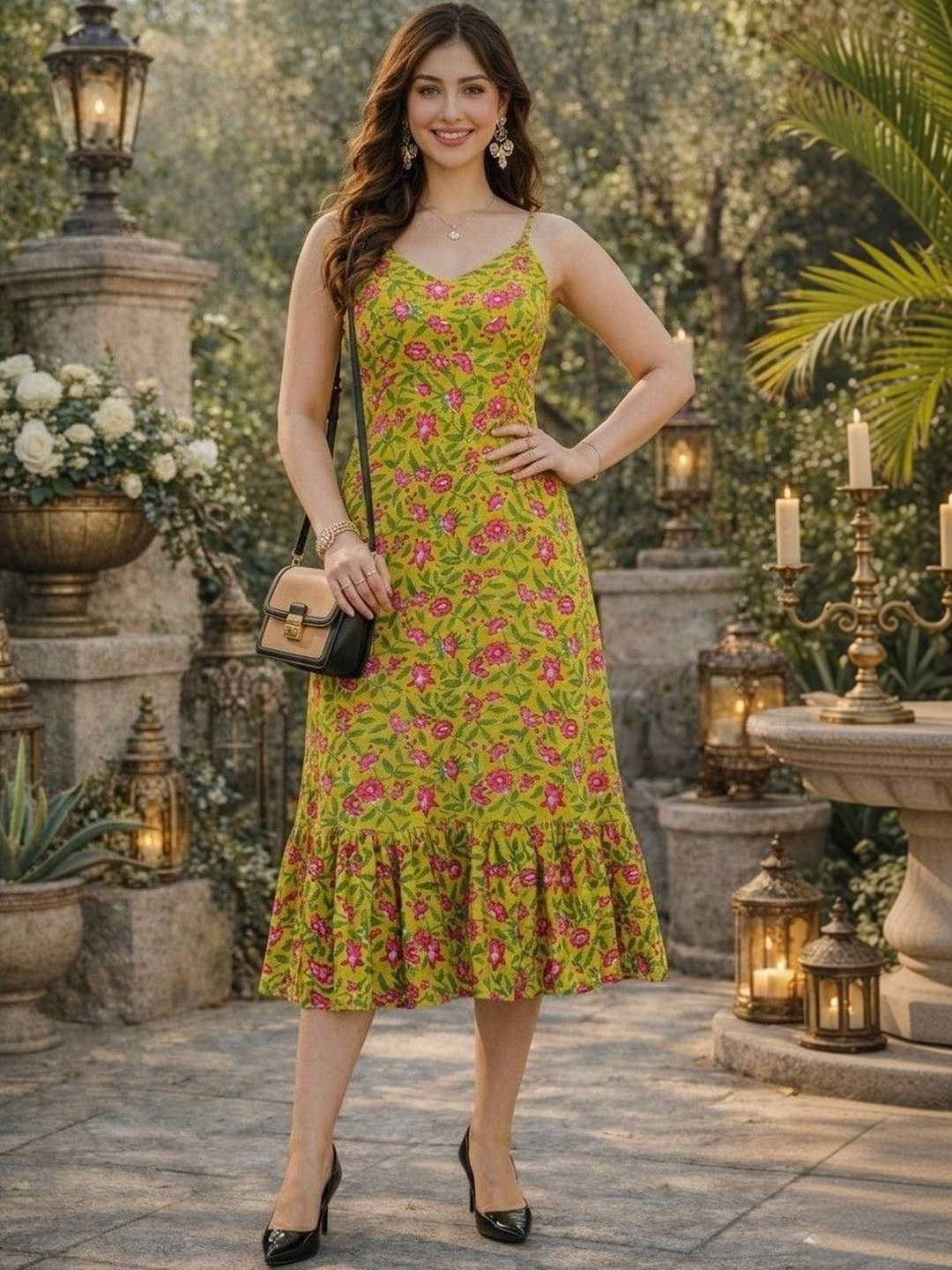 Demirner Floral Print Ruffled Fit & Flare Midi Dress