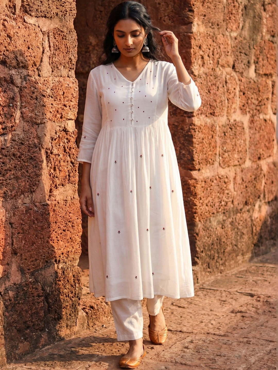 Sangria Embroidered V-Neck Kurta & Trousers