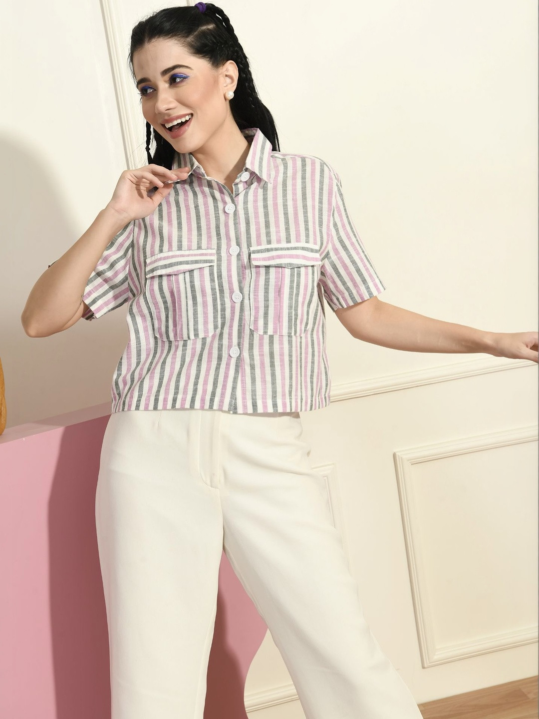 CORSICA Striped Spread Collar Short Sleeves Boxy Fit Shirt