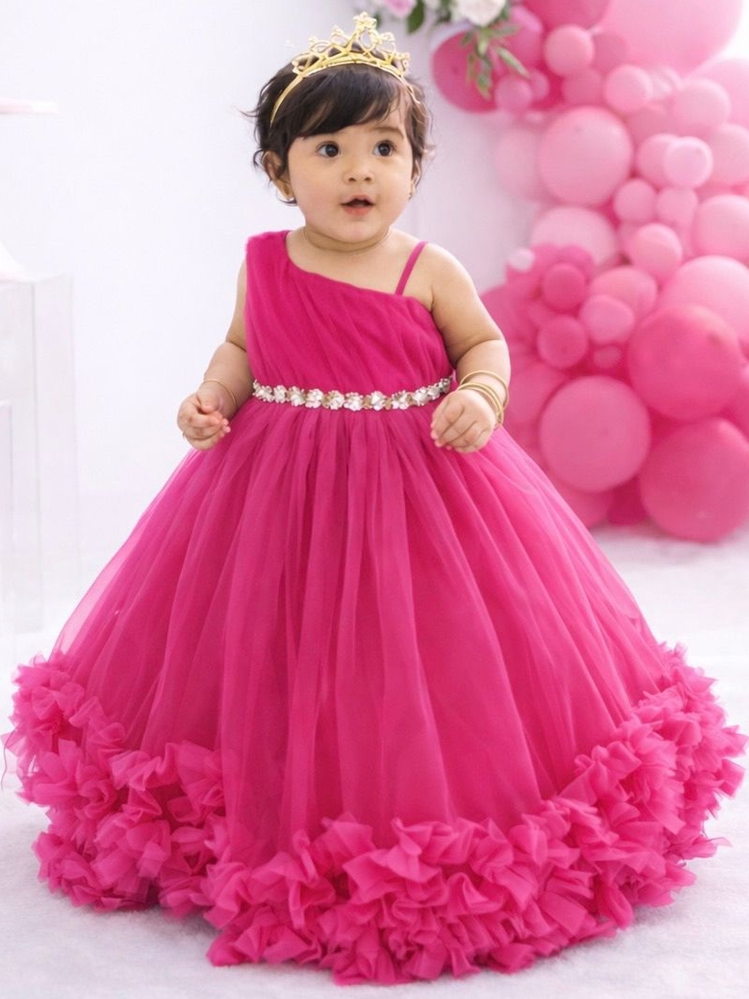 Baby Girls Fuchsia Kids Net Birthday Gown Dress With Ruffled Hem And Embellished Waist