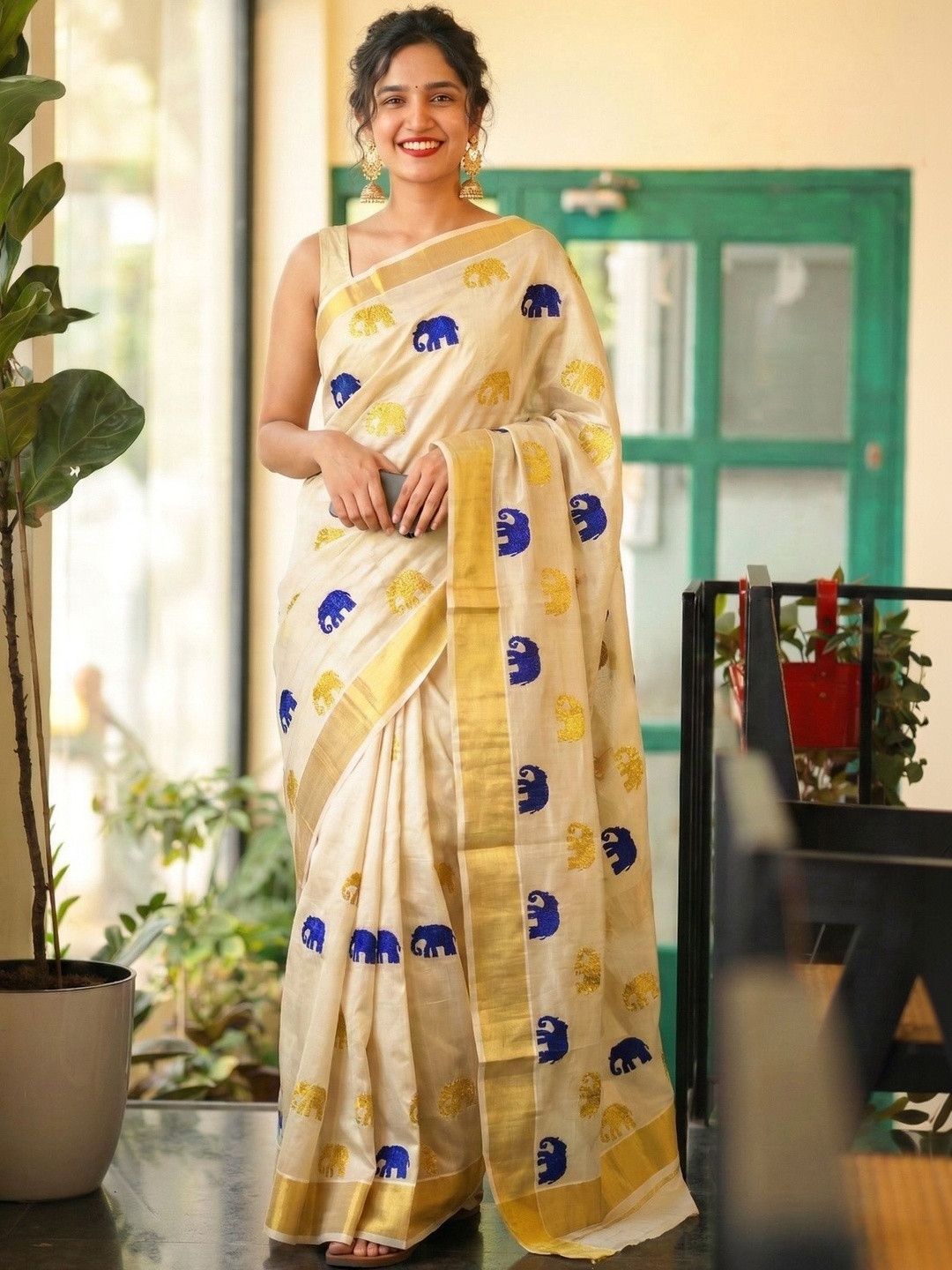 HARADHI Denim Blue Golden Gajah Embroidery Kasavu Tissue Sarees