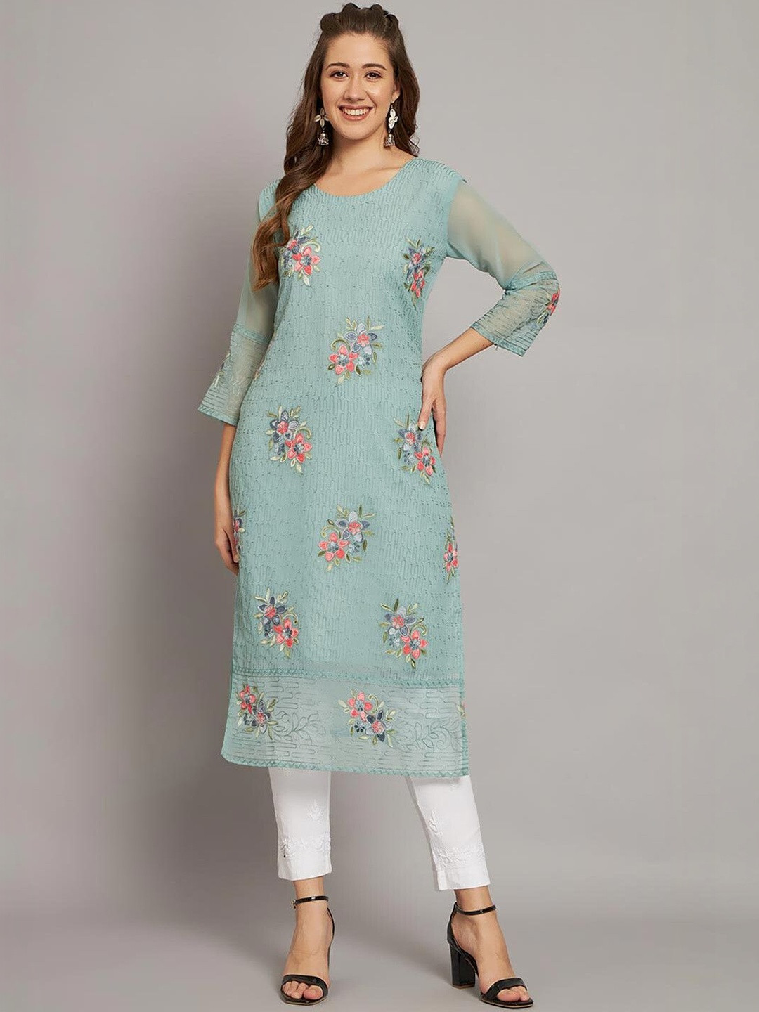 HETURAJ FASHION Floral Embroidered Thread Work Pure Georgette Thread Work Kurti