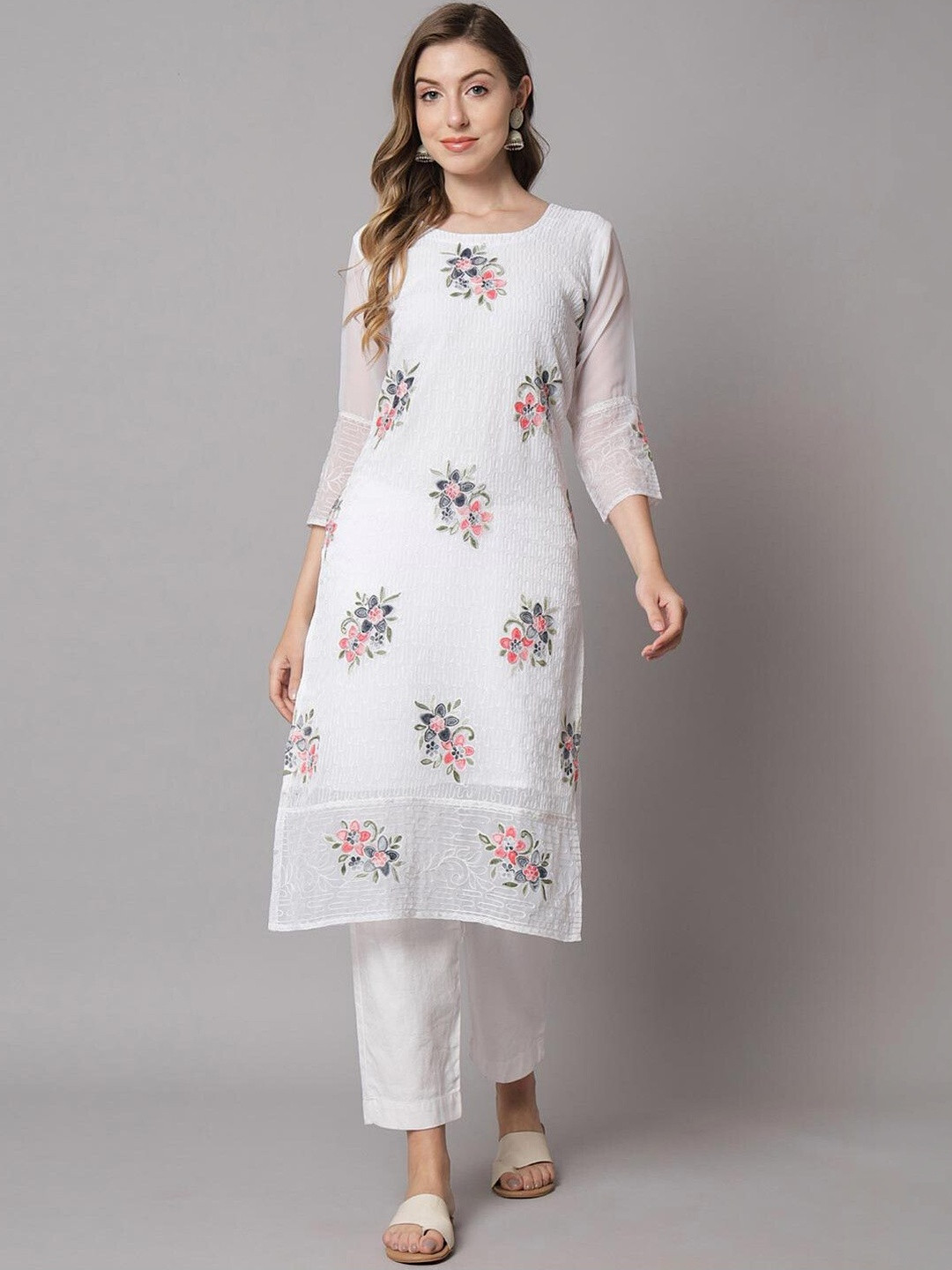 HETURAJ FASHION Floral Embroidered Thread Work Pure Georgette Thread Work Kurti