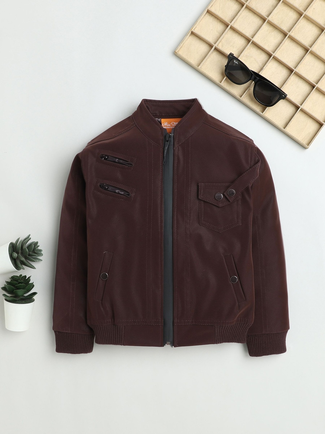 Ministitch Faux Leather Zip Detail Stand Collar Biker Jacket