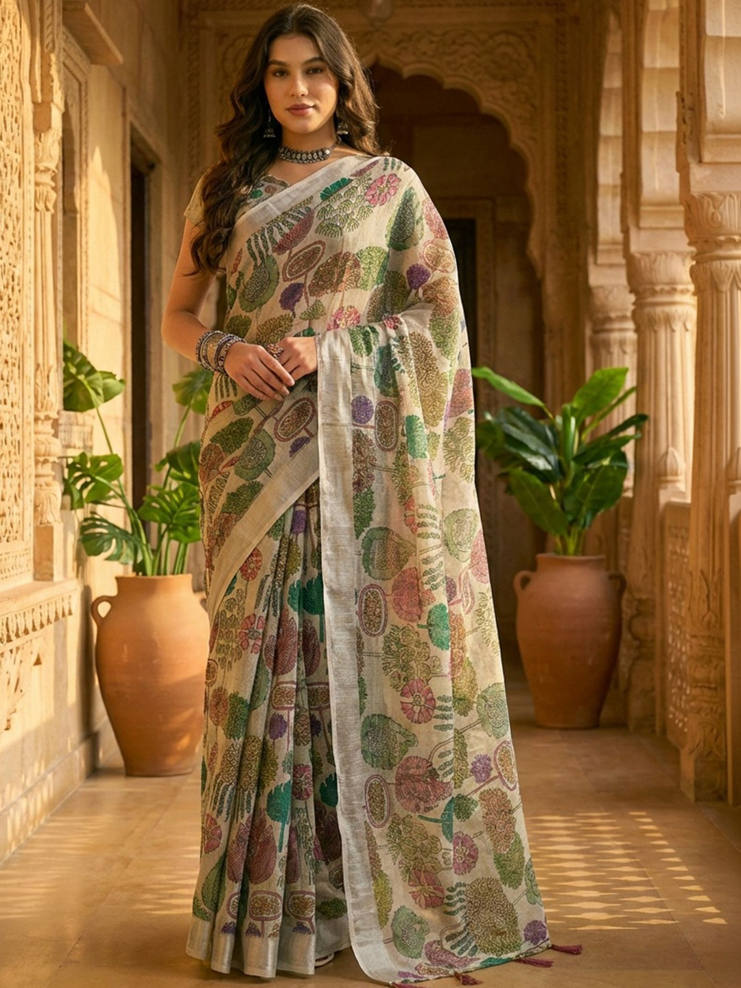 SHADOW & SAINING Women Beige Linen Cotton Digital Printed Floral Sarees