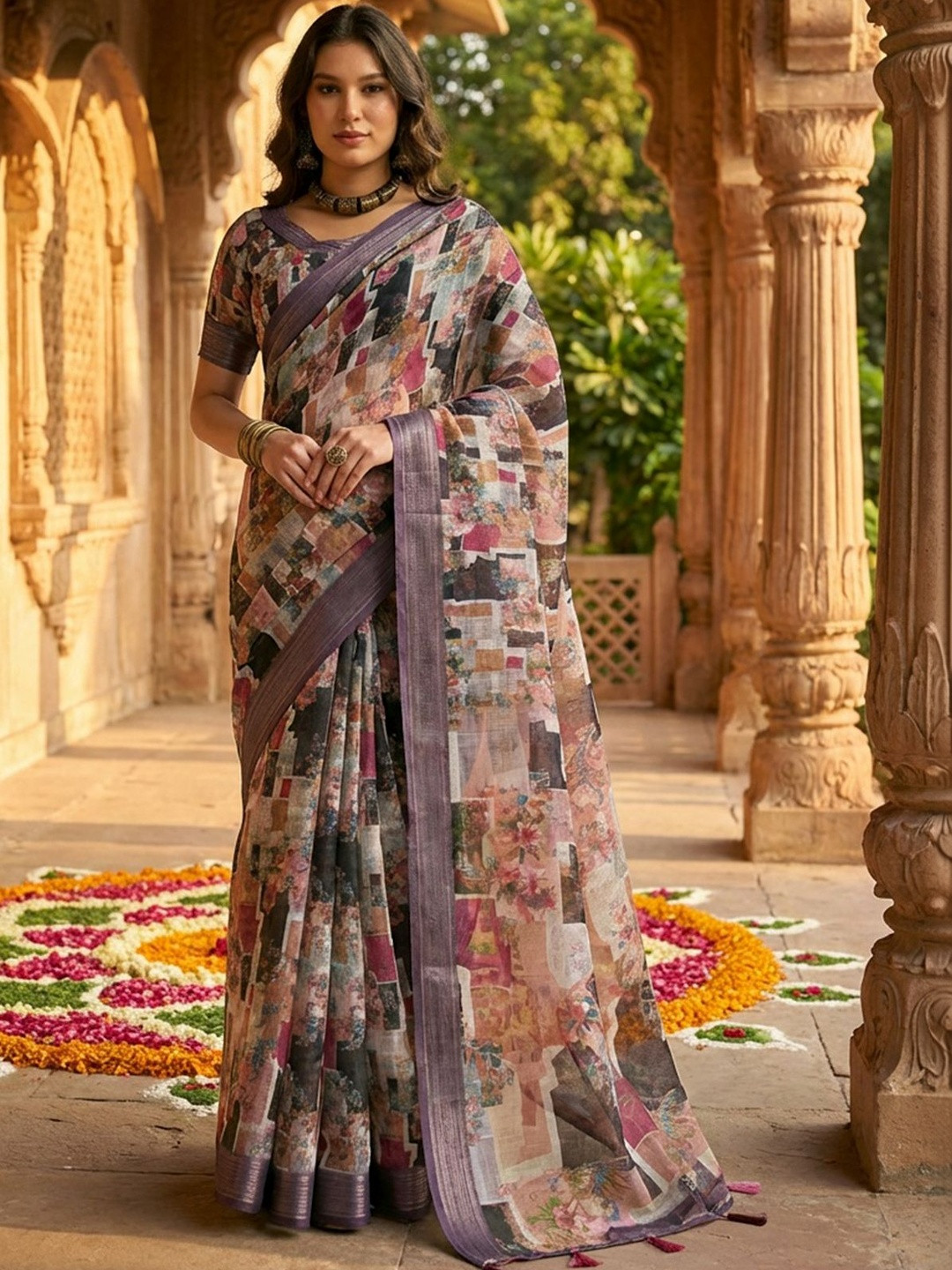 SAINOOR Women Purple Linen Cotton Digital Printed Abstract Sarees