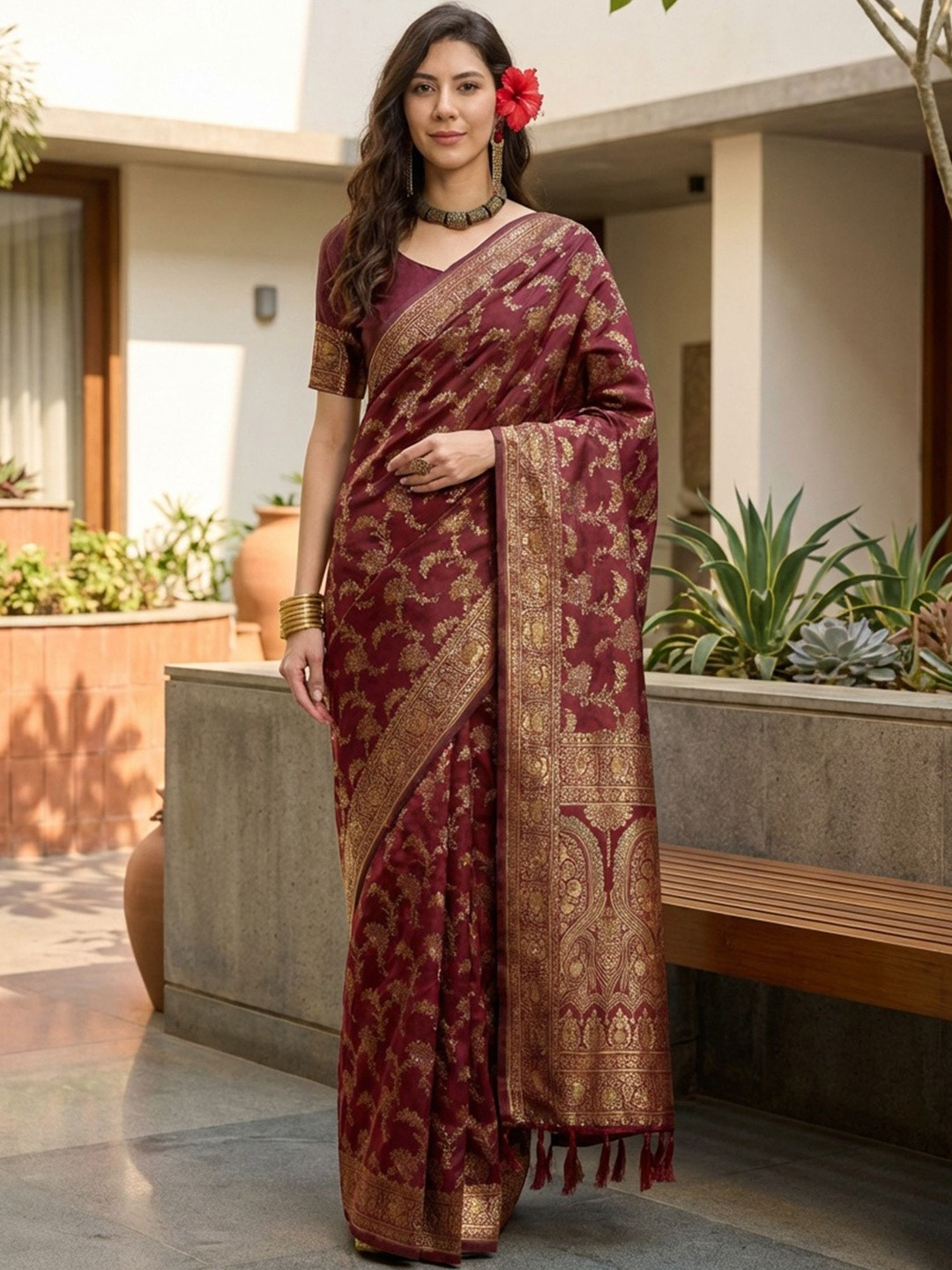 SAINOOR Women Maroon Banarasi Jacquard Zari Weaving Tassel Pallu Sarees
