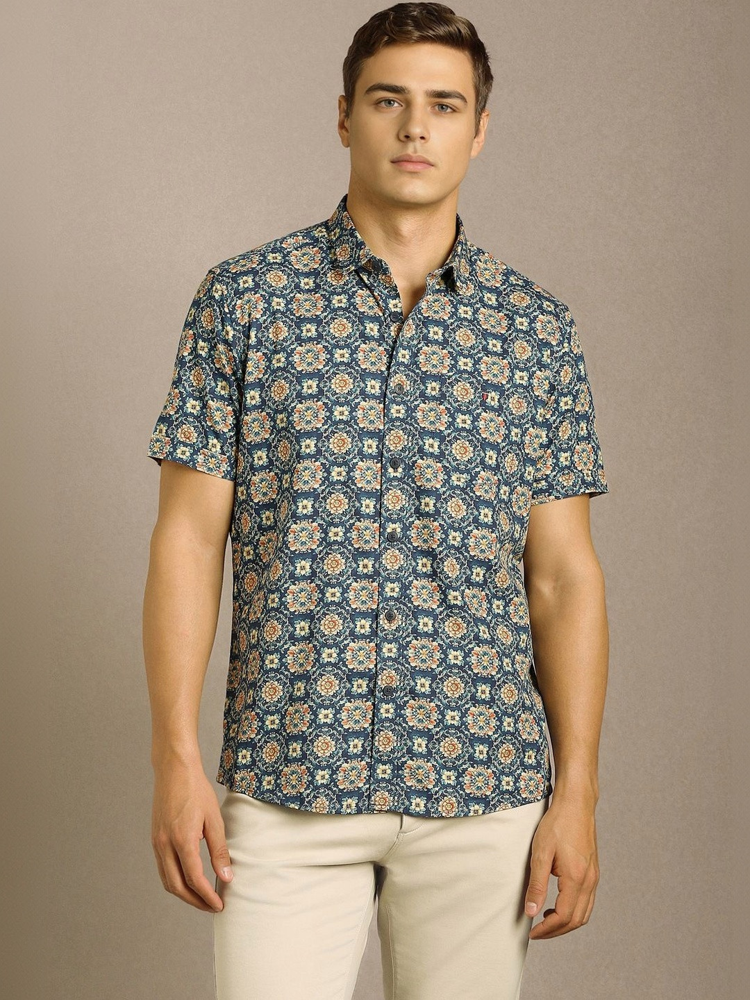 Louis Philippe Jeans Men Blue Print Half Sleeves Casual Shirts
