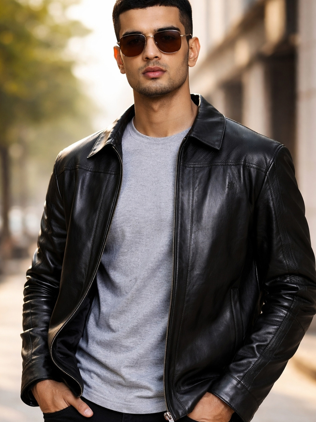 Tortoise Leather Formal Black Zipper Jacket
