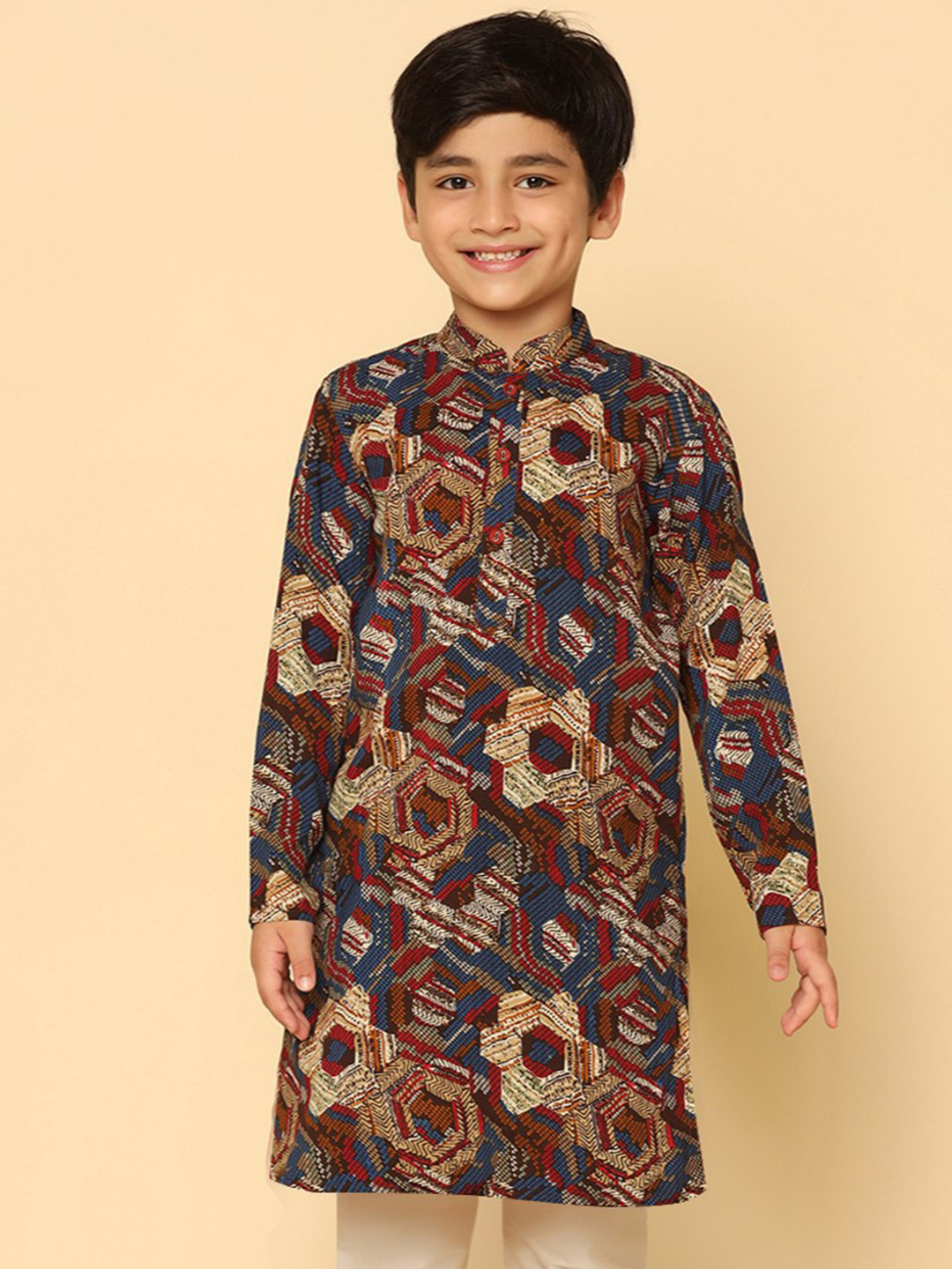 KISAH Boys Maroon Abstract Printed Mandarin Collar Straight Pure Cotton Kurta