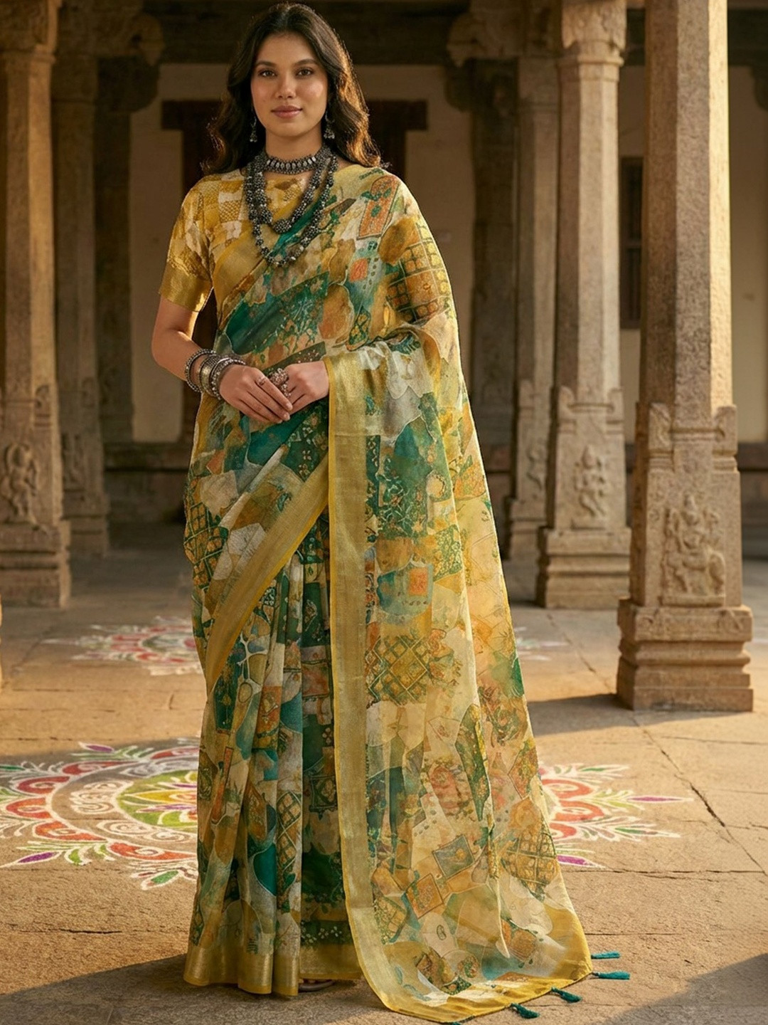 SHADOW & SAINING Women Green Linen Cotton Digital Printed Abstract Sarees