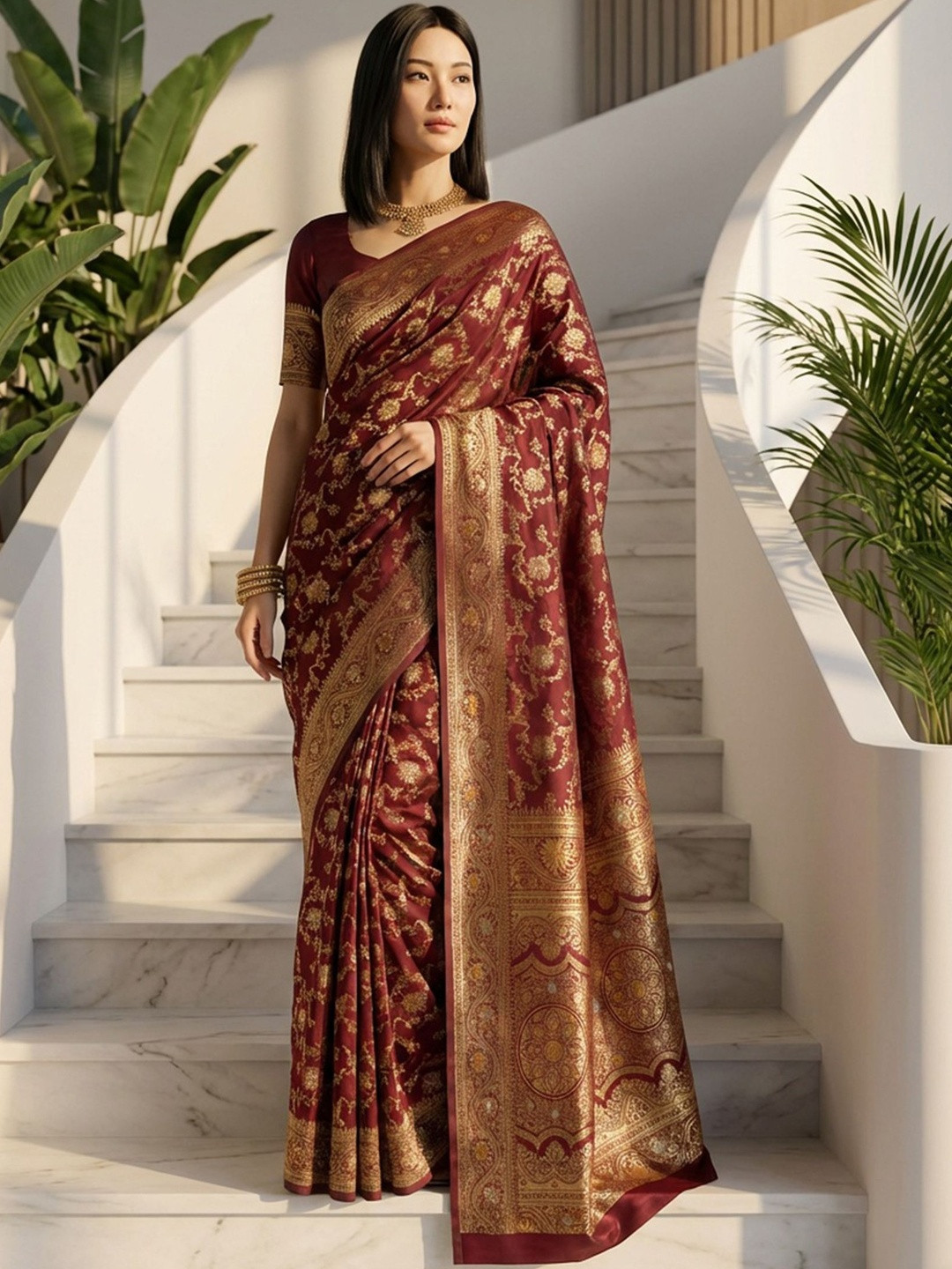 KALINI Women Maroon Banarasi Jacquard Zari Weaving Tassel Pallu Sarees