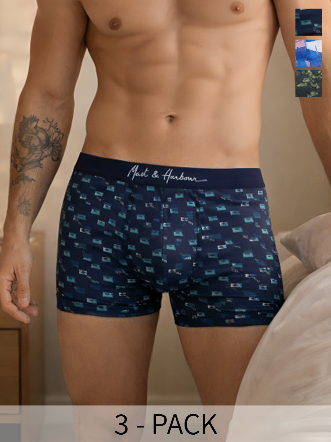 Mast & Harbour Pack of 3 Cotton Assorted Printed Trunks