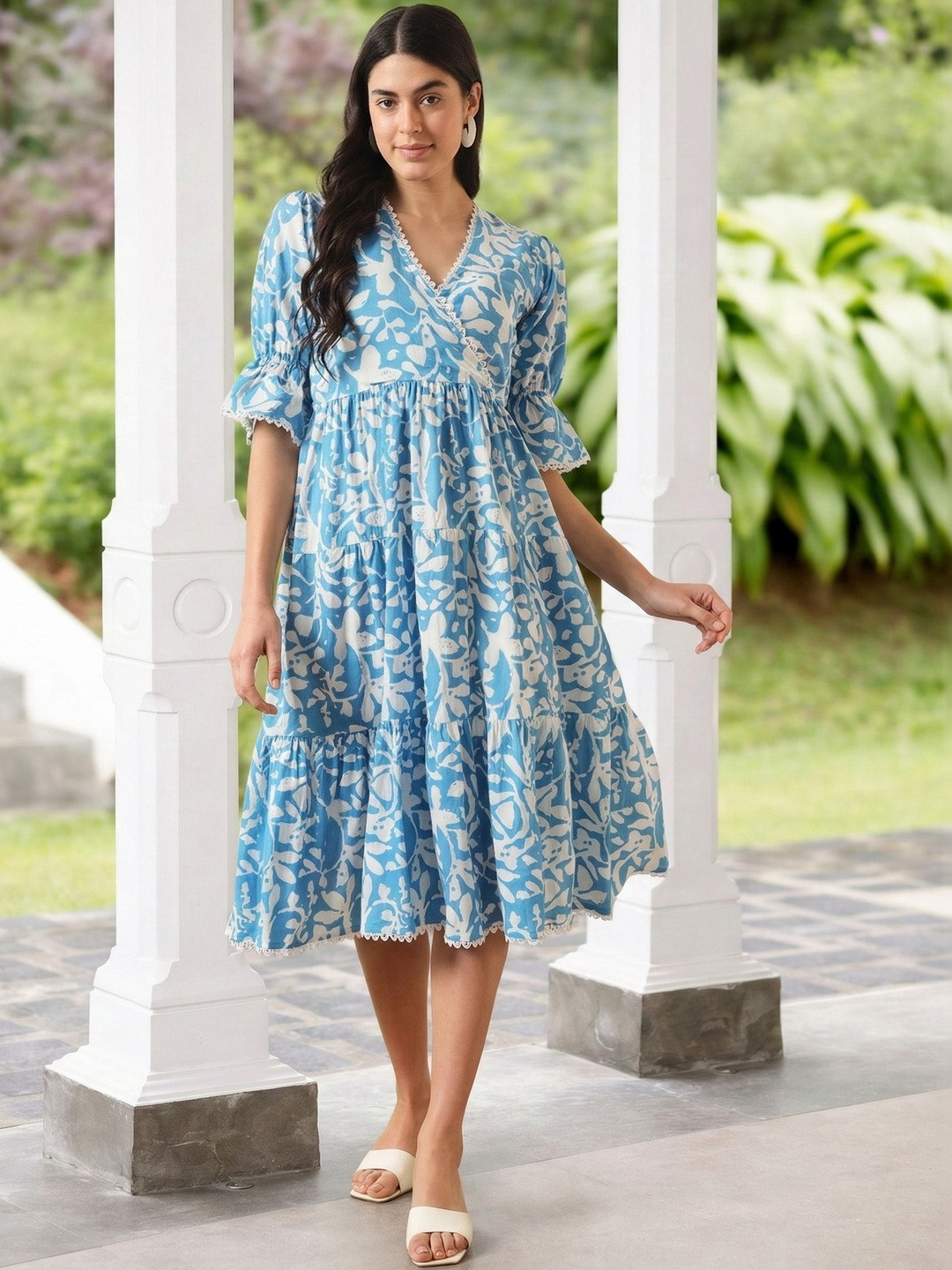 HERE&NOW Floral Print Puff Sleeve Ruffled Crepe A-Line Midi Dress