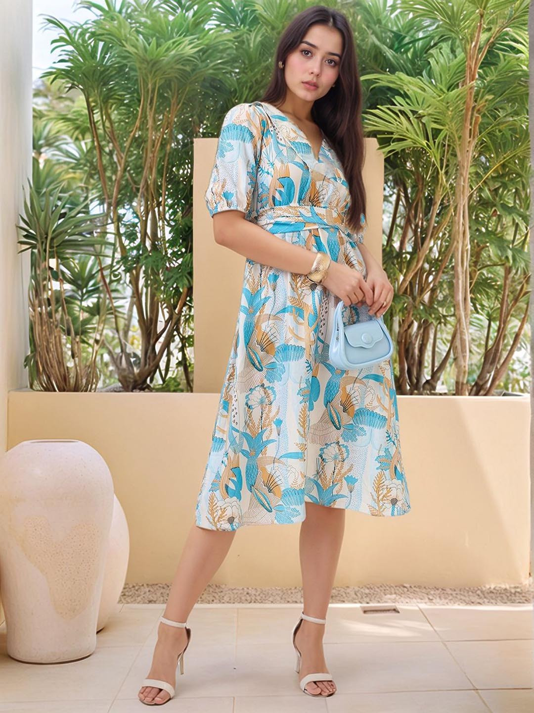 Amarasha Tropical Print Puff Sleeve Crepe Fit & Flare Dress