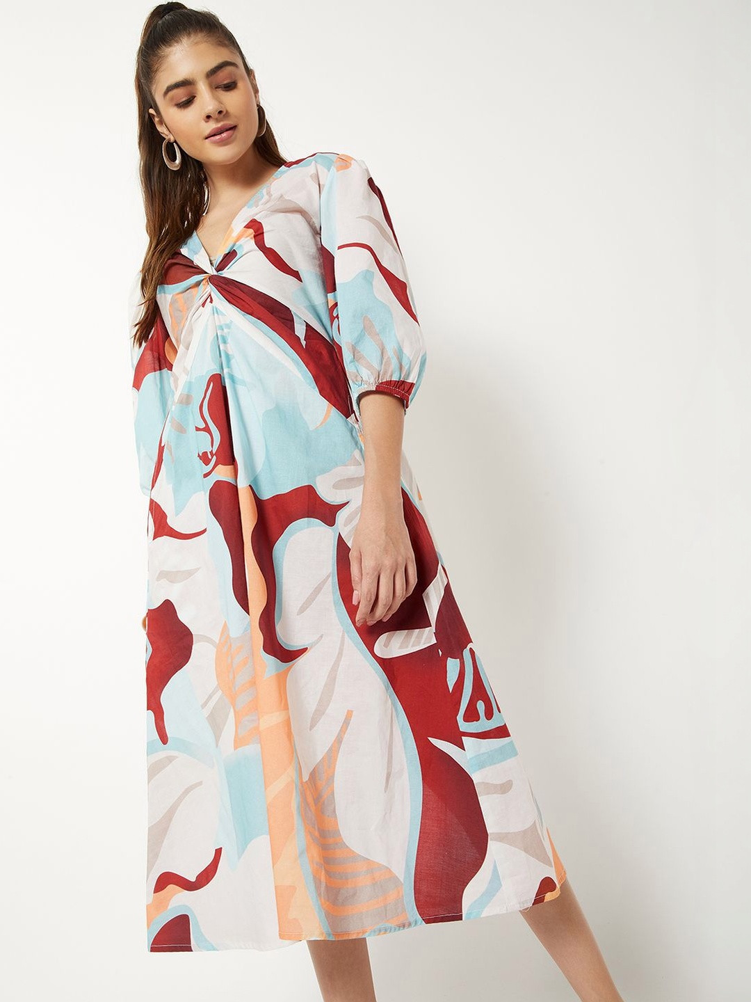 max Print Puff Sleeve A-Line Midi Dress