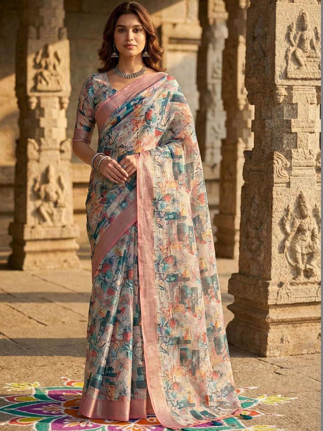 SHADOW & SAINING Women Multicolor Linen Cotton Digital Printed Abstract Sarees
