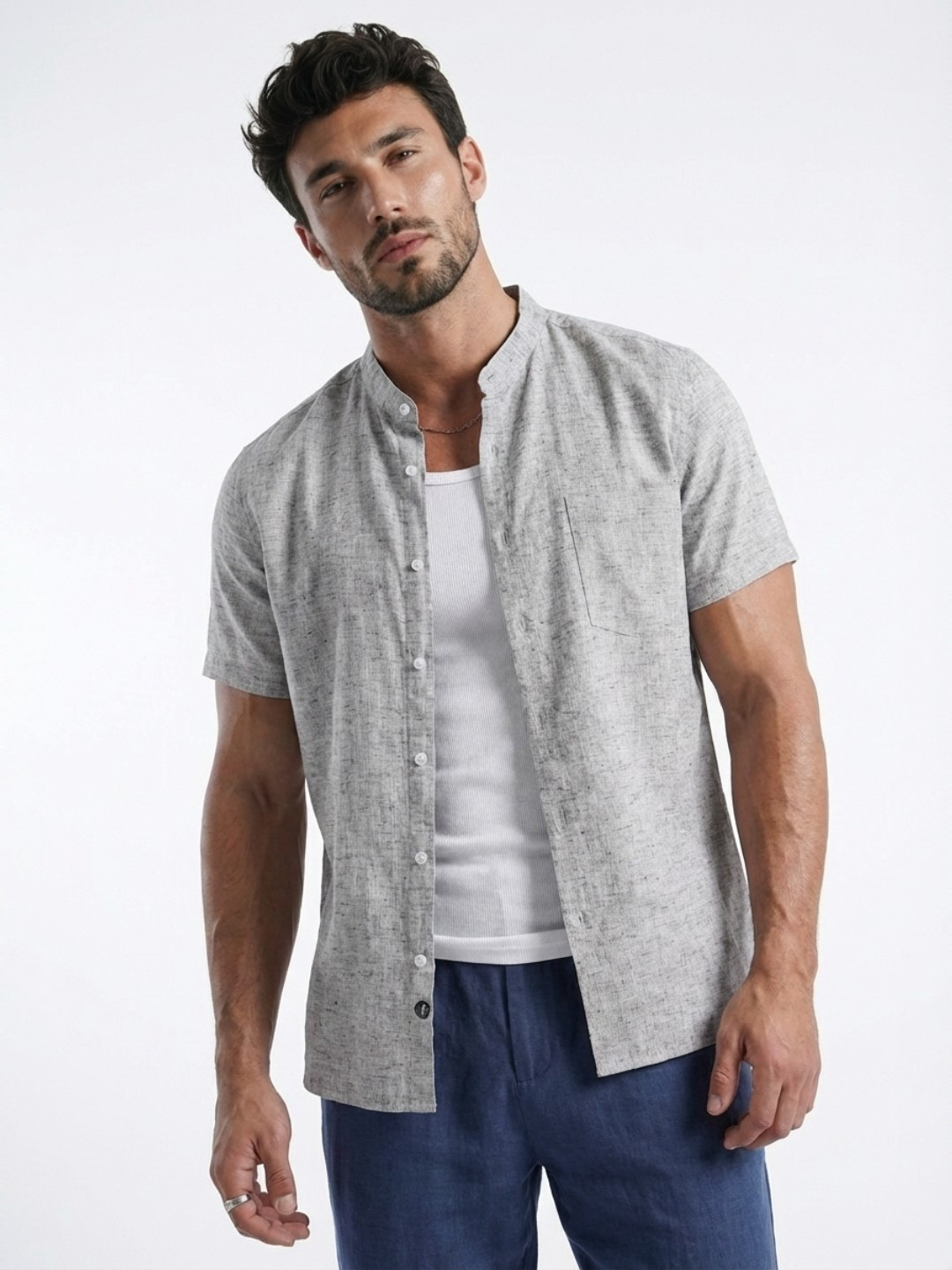 glitchez Slim Fit Band Collar Self Design Casual Shirt