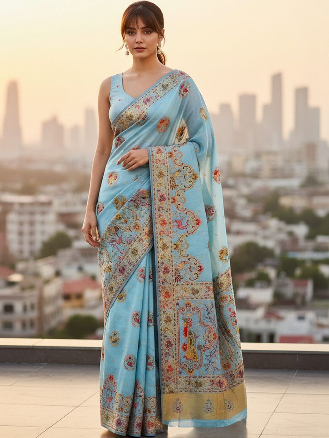 FABLAND Ethnic Motifs Embroidered Pashmina Heavy Work Banarasi Silk Saree