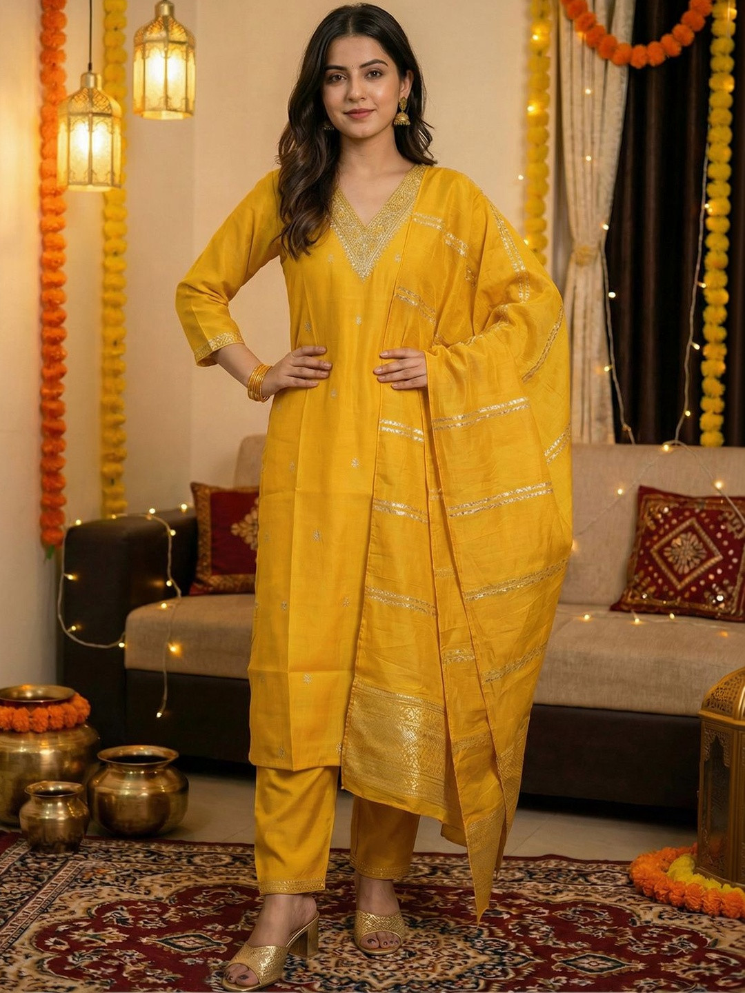 Indo Era Yellow Embroidered Straight Kurta Trousers Dupatta Set