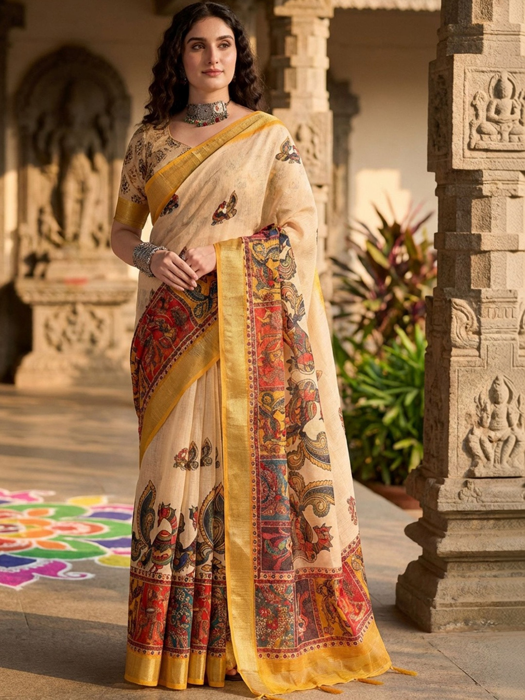KALINI Women Cream Linen Cotton Minimal Digital Print Sarees