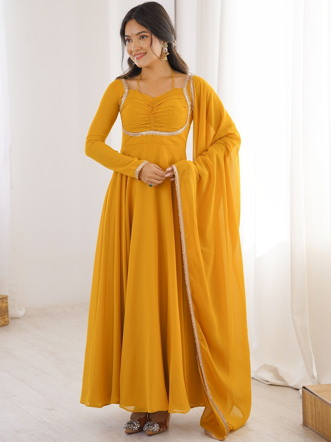 GULDORI Women Embroidered Georgette Ethnic Dress With Dupatta