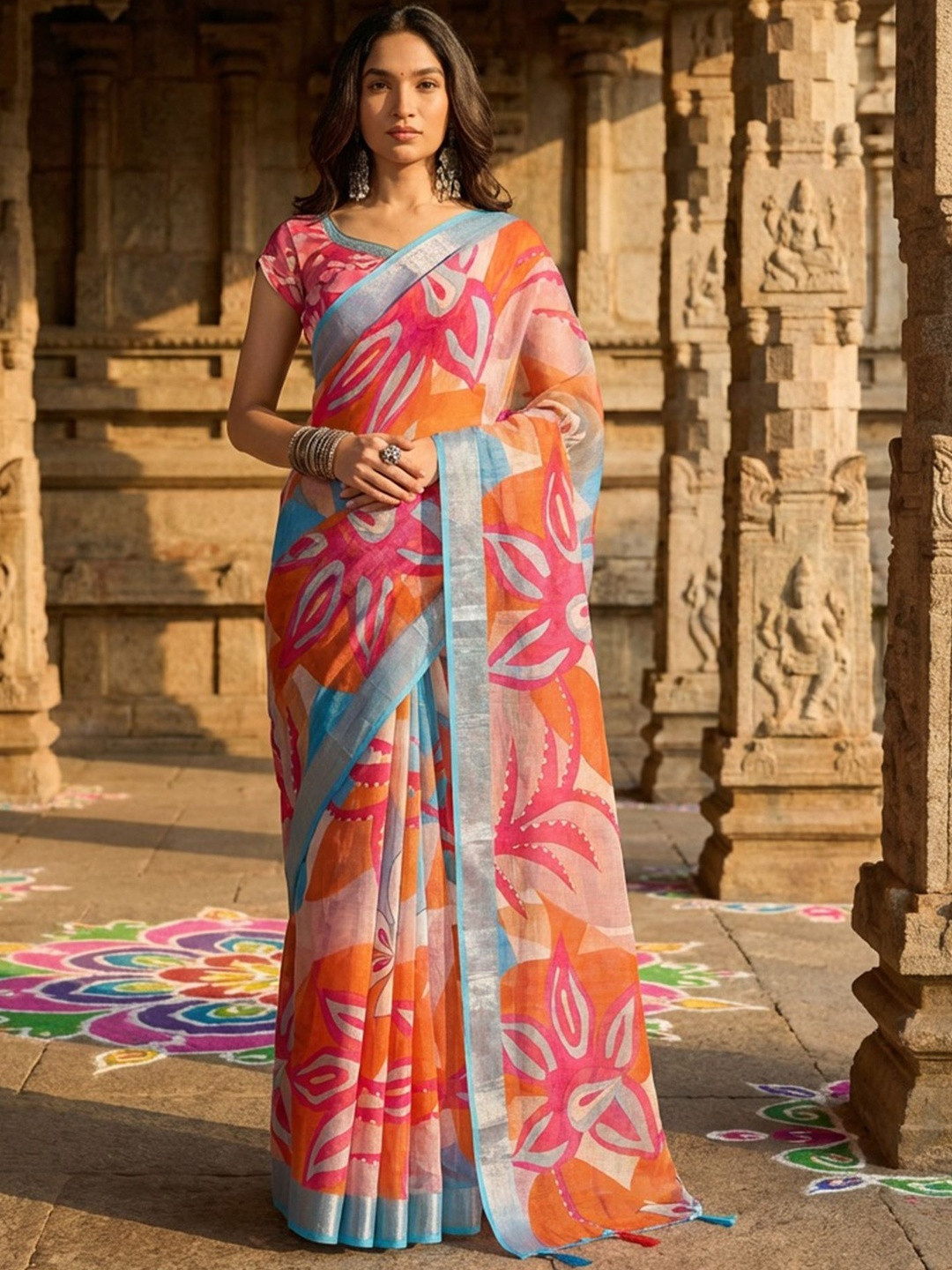 KALINI Women Multicolor Linen Cotton Modern Digital Print Sarees