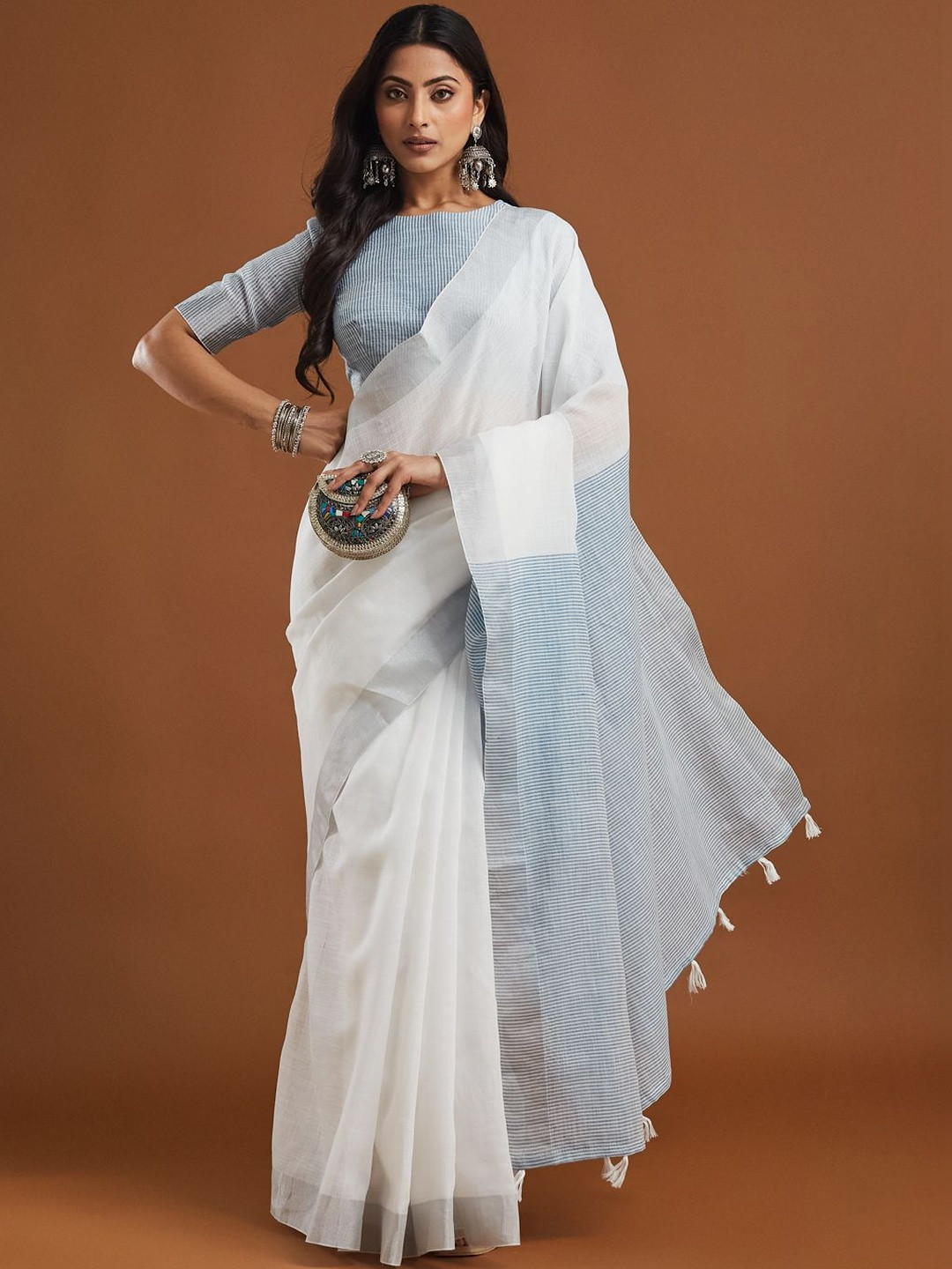 kasee Women Peacock Blue Lilen Blend Striped Pallu Sarees